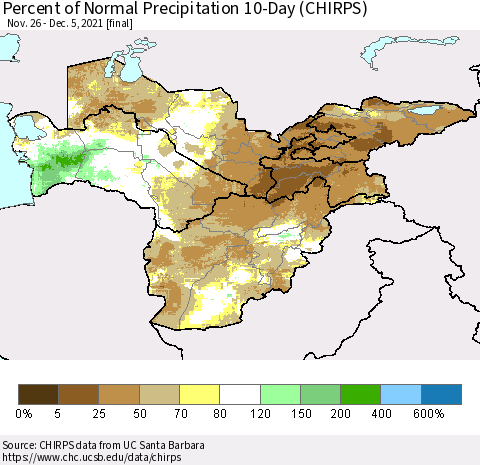 Central Asia Percent of Normal Precipitation 10-Day (CHIRPS) Thematic Map For 11/26/2021 - 12/5/2021