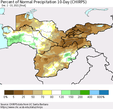 Central Asia Percent of Normal Precipitation 10-Day (CHIRPS) Thematic Map For 12/1/2021 - 12/10/2021