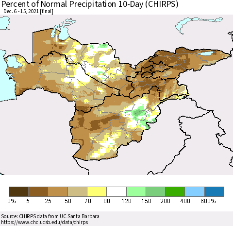 Central Asia Percent of Normal Precipitation 10-Day (CHIRPS) Thematic Map For 12/6/2021 - 12/15/2021