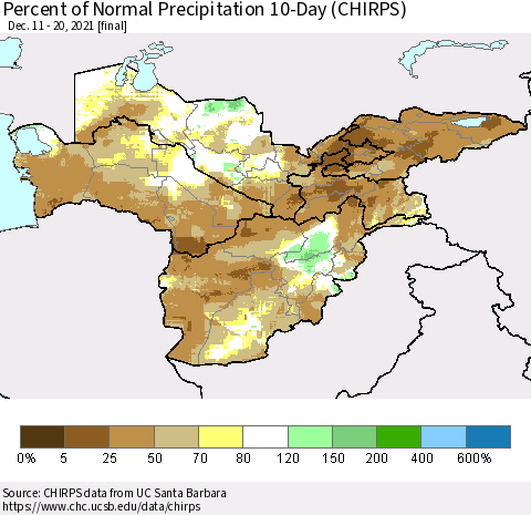 Central Asia Percent of Normal Precipitation 10-Day (CHIRPS) Thematic Map For 12/11/2021 - 12/20/2021
