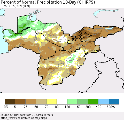 Central Asia Percent of Normal Precipitation 10-Day (CHIRPS) Thematic Map For 12/16/2021 - 12/25/2021