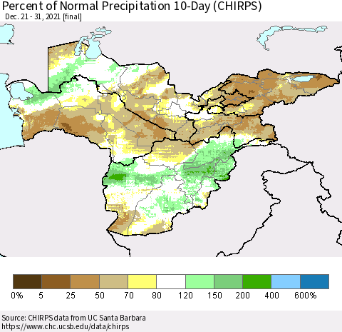 Central Asia Percent of Normal Precipitation 10-Day (CHIRPS) Thematic Map For 12/21/2021 - 12/31/2021