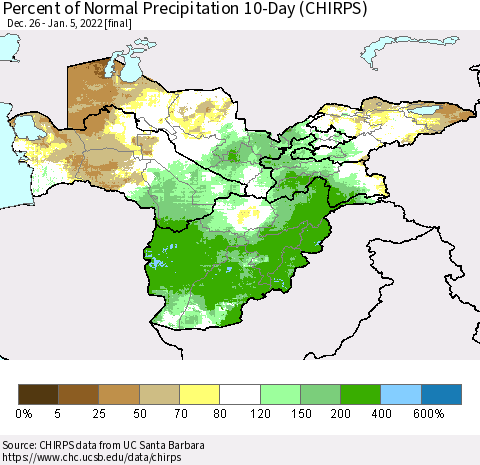 Central Asia Percent of Normal Precipitation 10-Day (CHIRPS) Thematic Map For 12/26/2021 - 1/5/2022