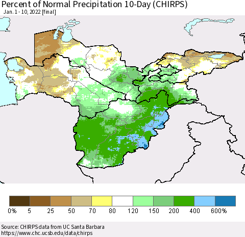 Central Asia Percent of Normal Precipitation 10-Day (CHIRPS) Thematic Map For 1/1/2022 - 1/10/2022