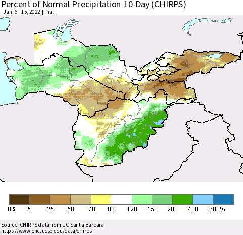 Central Asia Percent of Normal Precipitation 10-Day (CHIRPS) Thematic Map For 1/6/2022 - 1/15/2022