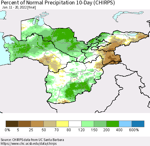 Central Asia Percent of Normal Precipitation 10-Day (CHIRPS) Thematic Map For 1/11/2022 - 1/20/2022