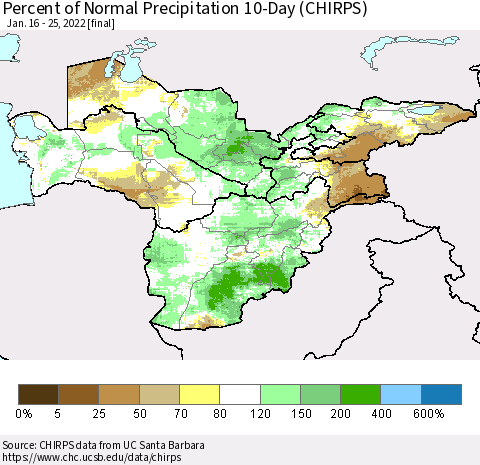 Central Asia Percent of Normal Precipitation 10-Day (CHIRPS) Thematic Map For 1/16/2022 - 1/25/2022
