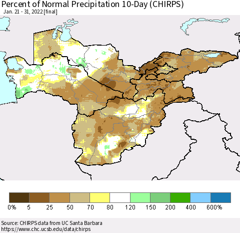 Central Asia Percent of Normal Precipitation 10-Day (CHIRPS) Thematic Map For 1/21/2022 - 1/31/2022