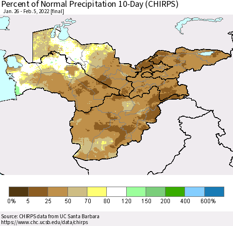 Central Asia Percent of Normal Precipitation 10-Day (CHIRPS) Thematic Map For 1/26/2022 - 2/5/2022