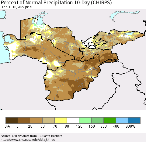 Central Asia Percent of Normal Precipitation 10-Day (CHIRPS) Thematic Map For 2/1/2022 - 2/10/2022