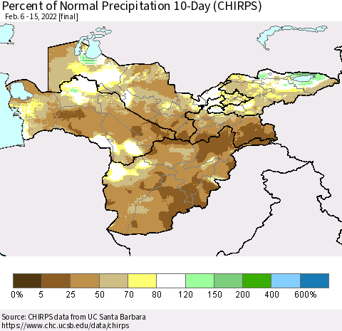Central Asia Percent of Normal Precipitation 10-Day (CHIRPS) Thematic Map For 2/6/2022 - 2/15/2022