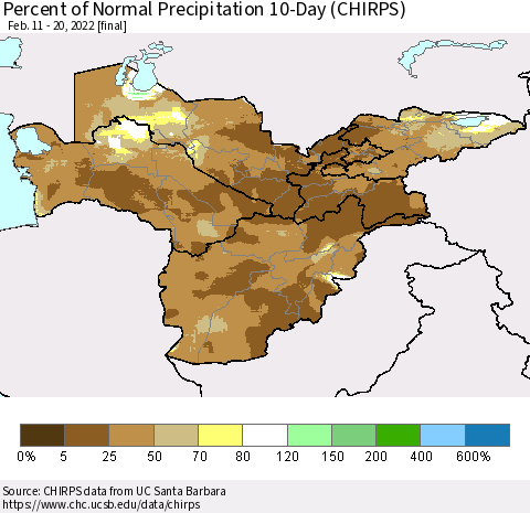 Central Asia Percent of Normal Precipitation 10-Day (CHIRPS) Thematic Map For 2/11/2022 - 2/20/2022