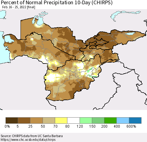 Central Asia Percent of Normal Precipitation 10-Day (CHIRPS) Thematic Map For 2/16/2022 - 2/25/2022