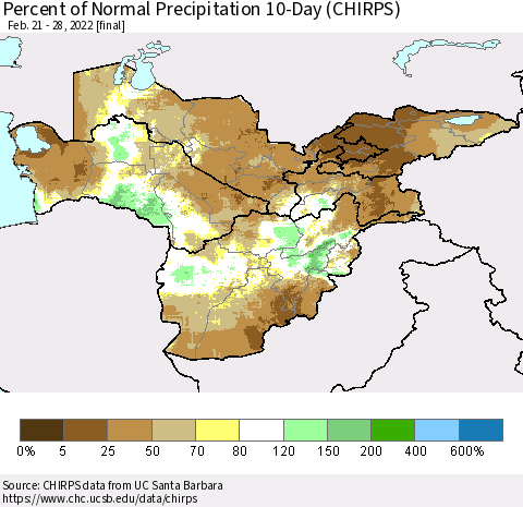 Central Asia Percent of Normal Precipitation 10-Day (CHIRPS) Thematic Map For 2/21/2022 - 2/28/2022