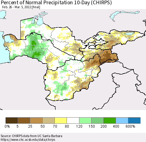 Central Asia Percent of Normal Precipitation 10-Day (CHIRPS) Thematic Map For 2/26/2022 - 3/5/2022