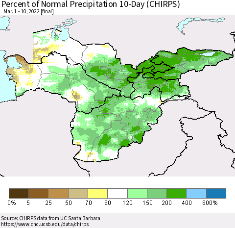 Central Asia Percent of Normal Precipitation 10-Day (CHIRPS) Thematic Map For 3/1/2022 - 3/10/2022