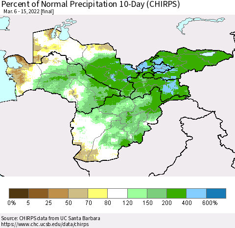 Central Asia Percent of Normal Precipitation 10-Day (CHIRPS) Thematic Map For 3/6/2022 - 3/15/2022