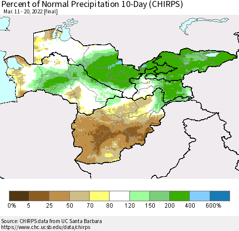 Central Asia Percent of Normal Precipitation 10-Day (CHIRPS) Thematic Map For 3/11/2022 - 3/20/2022