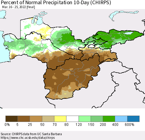 Central Asia Percent of Normal Precipitation 10-Day (CHIRPS) Thematic Map For 3/16/2022 - 3/25/2022