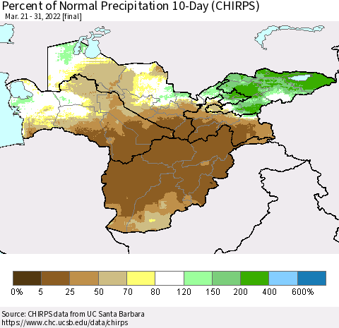 Central Asia Percent of Normal Precipitation 10-Day (CHIRPS) Thematic Map For 3/21/2022 - 3/31/2022