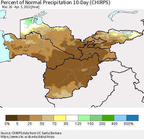 Central Asia Percent of Normal Precipitation 10-Day (CHIRPS) Thematic Map For 3/26/2022 - 4/5/2022