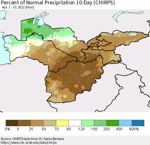 Central Asia Percent of Normal Precipitation 10-Day (CHIRPS) Thematic Map For 4/1/2022 - 4/10/2022