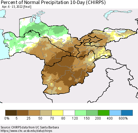 Central Asia Percent of Normal Precipitation 10-Day (CHIRPS) Thematic Map For 4/6/2022 - 4/15/2022