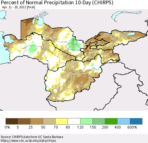 Central Asia Percent of Normal Precipitation 10-Day (CHIRPS) Thematic Map For 4/11/2022 - 4/20/2022
