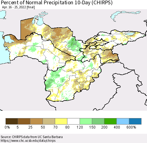 Central Asia Percent of Normal Precipitation 10-Day (CHIRPS) Thematic Map For 4/16/2022 - 4/25/2022