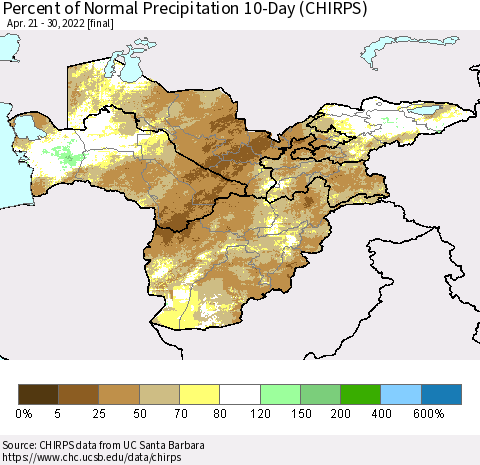 Central Asia Percent of Normal Precipitation 10-Day (CHIRPS) Thematic Map For 4/21/2022 - 4/30/2022