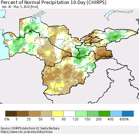 Central Asia Percent of Normal Precipitation 10-Day (CHIRPS) Thematic Map For 4/26/2022 - 5/5/2022