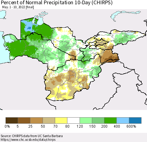 Central Asia Percent of Normal Precipitation 10-Day (CHIRPS) Thematic Map For 5/1/2022 - 5/10/2022