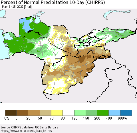 Central Asia Percent of Normal Precipitation 10-Day (CHIRPS) Thematic Map For 5/6/2022 - 5/15/2022