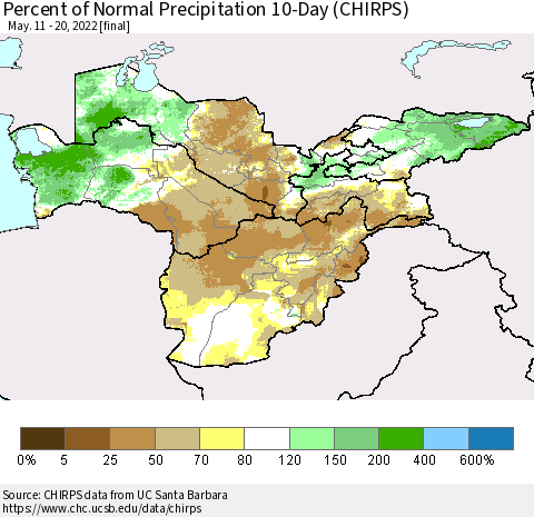 Central Asia Percent of Normal Precipitation 10-Day (CHIRPS) Thematic Map For 5/11/2022 - 5/20/2022