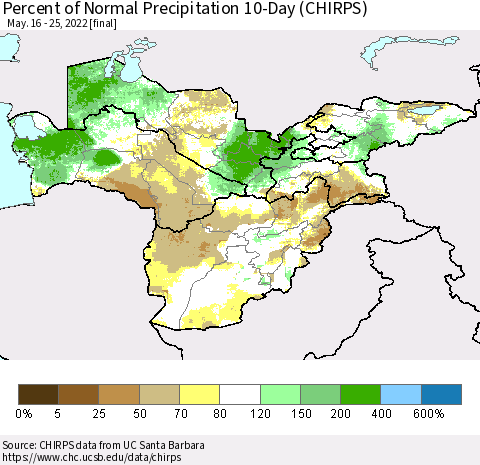 Central Asia Percent of Normal Precipitation 10-Day (CHIRPS) Thematic Map For 5/16/2022 - 5/25/2022