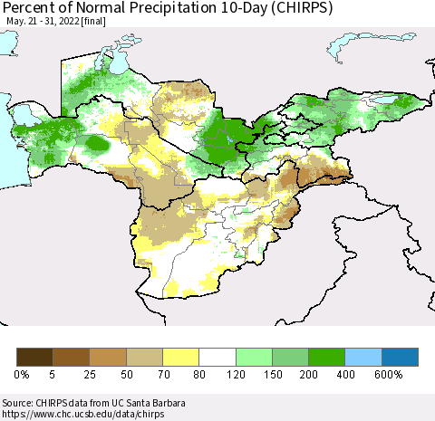 Central Asia Percent of Normal Precipitation 10-Day (CHIRPS) Thematic Map For 5/21/2022 - 5/31/2022