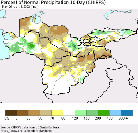 Central Asia Percent of Normal Precipitation 10-Day (CHIRPS) Thematic Map For 5/26/2022 - 6/5/2022