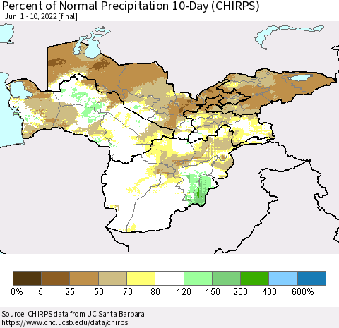 Central Asia Percent of Normal Precipitation 10-Day (CHIRPS) Thematic Map For 6/1/2022 - 6/10/2022