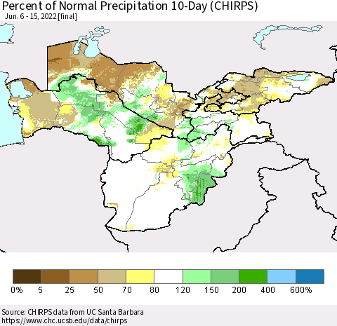 Central Asia Percent of Normal Precipitation 10-Day (CHIRPS) Thematic Map For 6/6/2022 - 6/15/2022