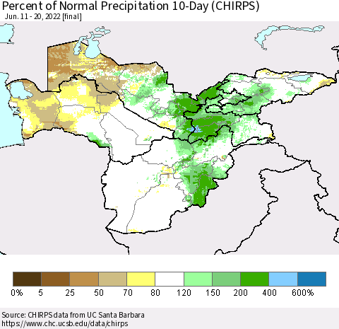 Central Asia Percent of Normal Precipitation 10-Day (CHIRPS) Thematic Map For 6/11/2022 - 6/20/2022