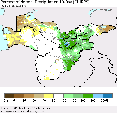Central Asia Percent of Normal Precipitation 10-Day (CHIRPS) Thematic Map For 6/16/2022 - 6/25/2022
