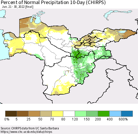 Central Asia Percent of Normal Precipitation 10-Day (CHIRPS) Thematic Map For 6/21/2022 - 6/30/2022