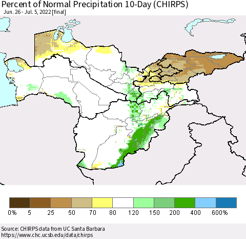 Central Asia Percent of Normal Precipitation 10-Day (CHIRPS) Thematic Map For 6/26/2022 - 7/5/2022