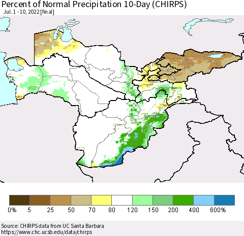 Central Asia Percent of Normal Precipitation 10-Day (CHIRPS) Thematic Map For 7/1/2022 - 7/10/2022