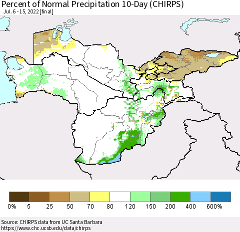 Central Asia Percent of Normal Precipitation 10-Day (CHIRPS) Thematic Map For 7/6/2022 - 7/15/2022