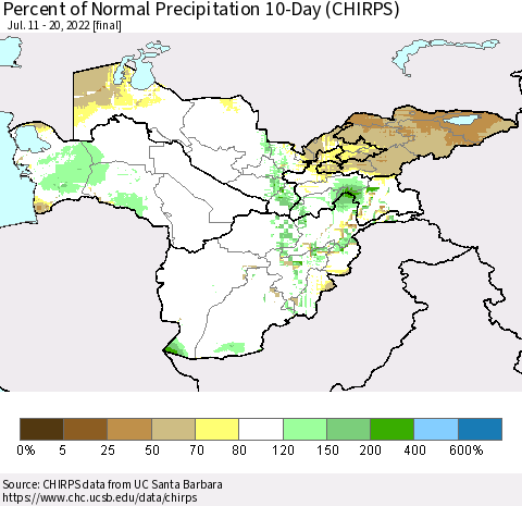 Central Asia Percent of Normal Precipitation 10-Day (CHIRPS) Thematic Map For 7/11/2022 - 7/20/2022