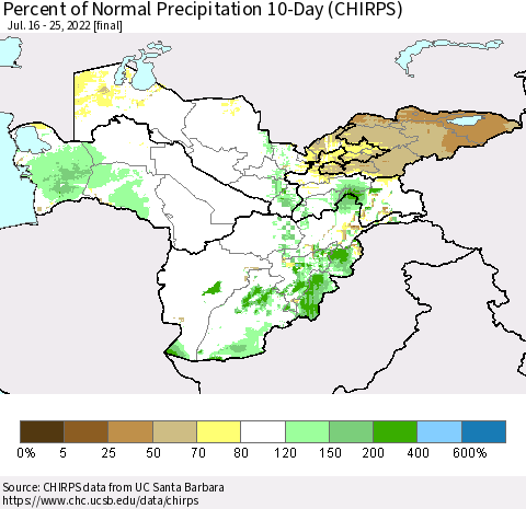 Central Asia Percent of Normal Precipitation 10-Day (CHIRPS) Thematic Map For 7/16/2022 - 7/25/2022