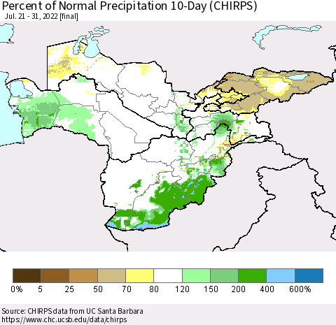 Central Asia Percent of Normal Precipitation 10-Day (CHIRPS) Thematic Map For 7/21/2022 - 7/31/2022