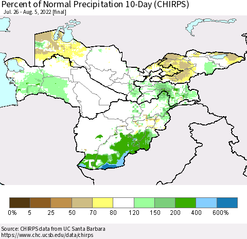 Central Asia Percent of Normal Precipitation 10-Day (CHIRPS) Thematic Map For 7/26/2022 - 8/5/2022
