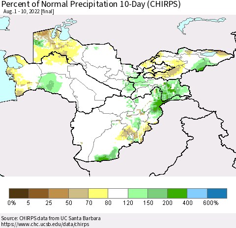 Central Asia Percent of Normal Precipitation 10-Day (CHIRPS) Thematic Map For 8/1/2022 - 8/10/2022